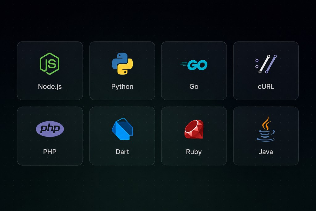Official SDKs and integrations for Node.js, Python, Go, cURL, PHP, Dart, Ruby, and Java.